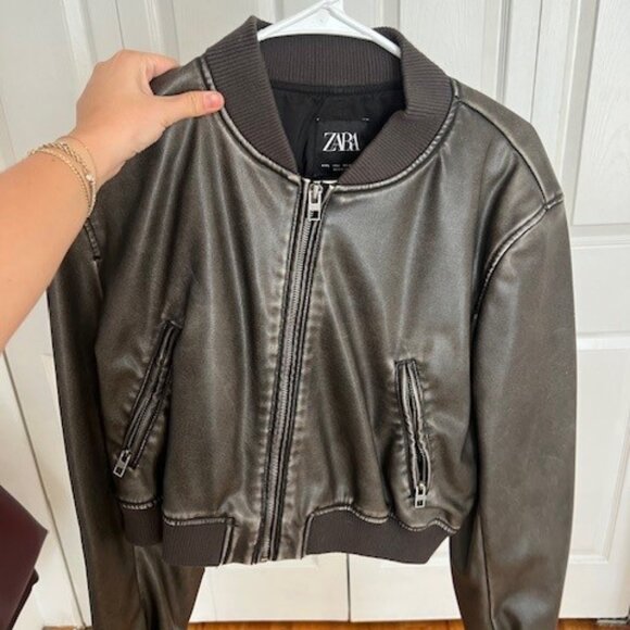 Zara Brown Leather Bomber Jacket - Picture 1 of 3